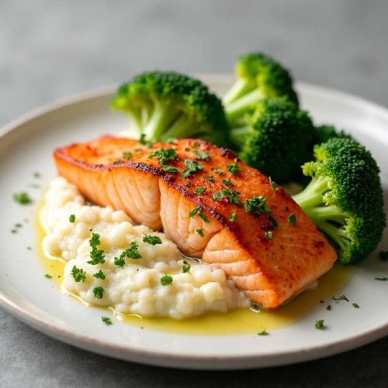 Seared Salmon with Steamed Broccoli and Garlic Cauliflower Mash
