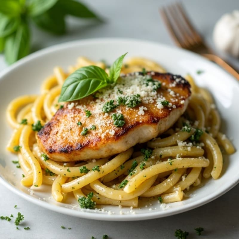 Pan-Seared Chicken with Creamy Pesto Whole Wheat Pasta