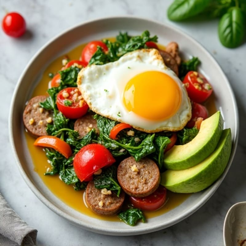 Egg White Spinach Scramble with Turkey Sausage and Sautéed Peppers