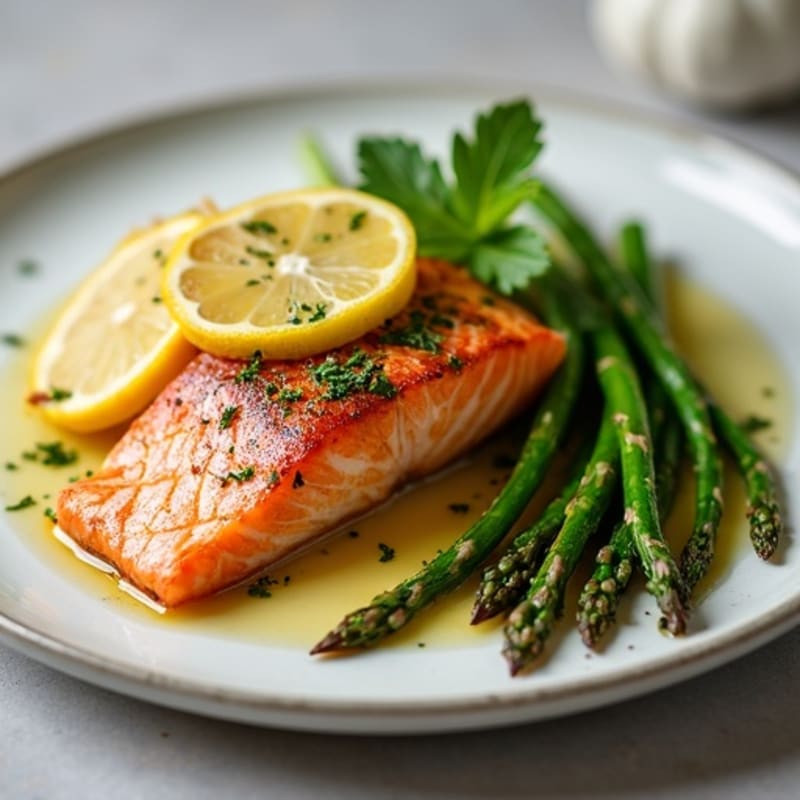 Crispy-Skinned Lemon-Herb Pan-Seared Salmon with Roasted Asparagus