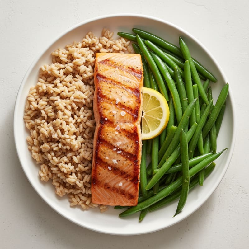Seared Salmon with Steamed Green Beans and Brown Rice
