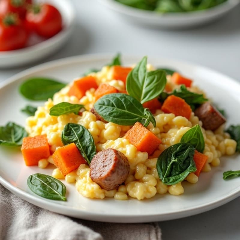 Egg White Scramble with Spinach, Turkey Sausage and Roasted Sweet Potatoes