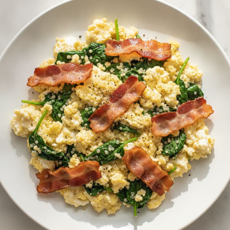 Crispy Turkey Bacon and Egg White Scramble with Spinach and Quinoa