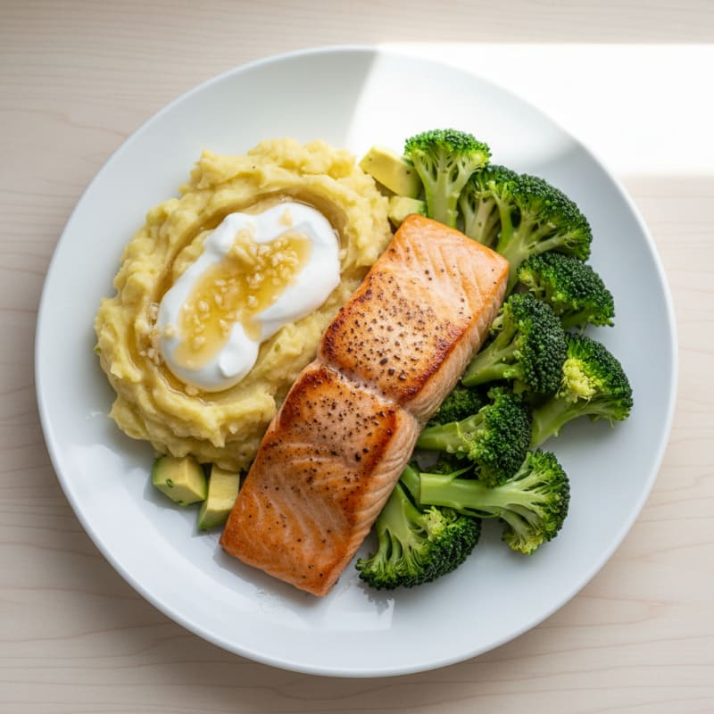 Seared Salmon with Creamy Garlic Mashed Potatoes and Steamed Broccoli