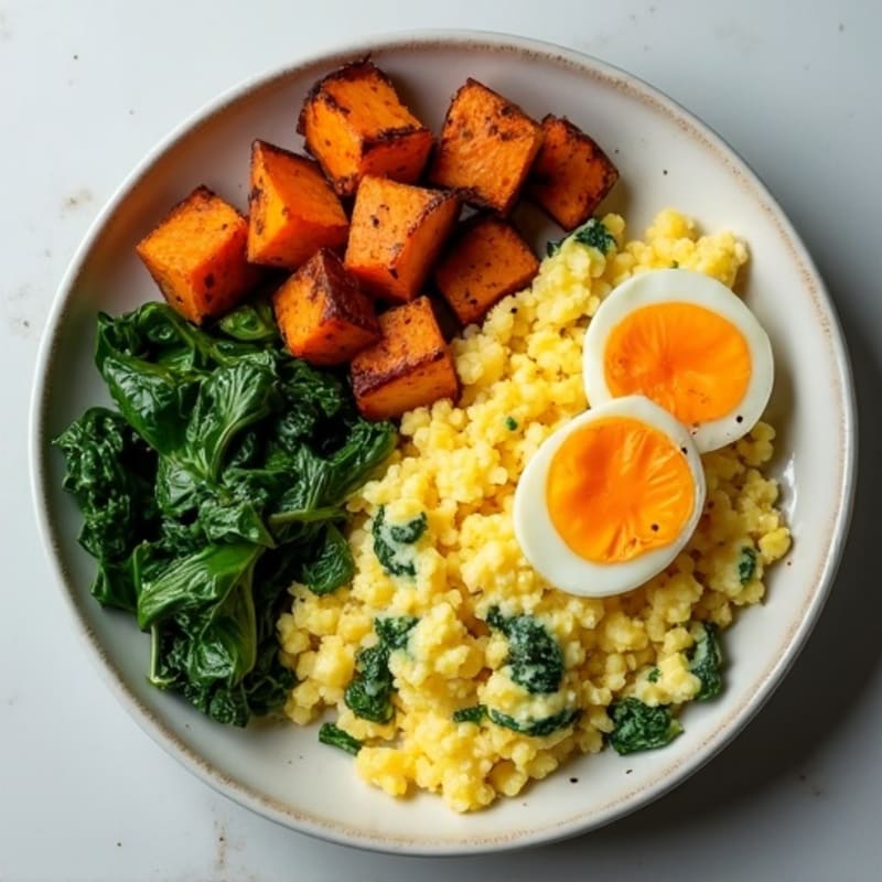 Fluffy Egg and Spinach Scramble with Roasted Sweet Potatoes