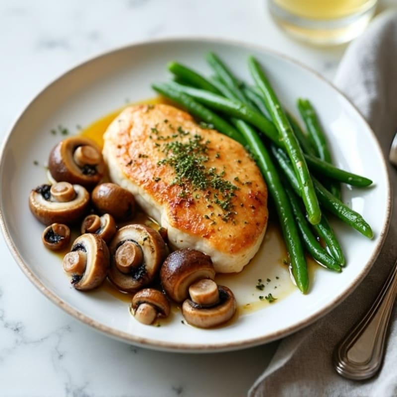 Pan-Seared Chicken with Roasted Garlic Butter Mushrooms and Green Beans