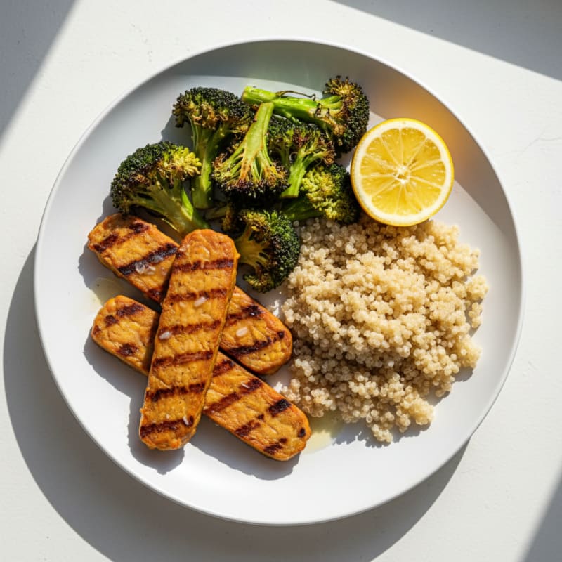 Grilled Tempeh with Roasted Broccoli and Quinoa