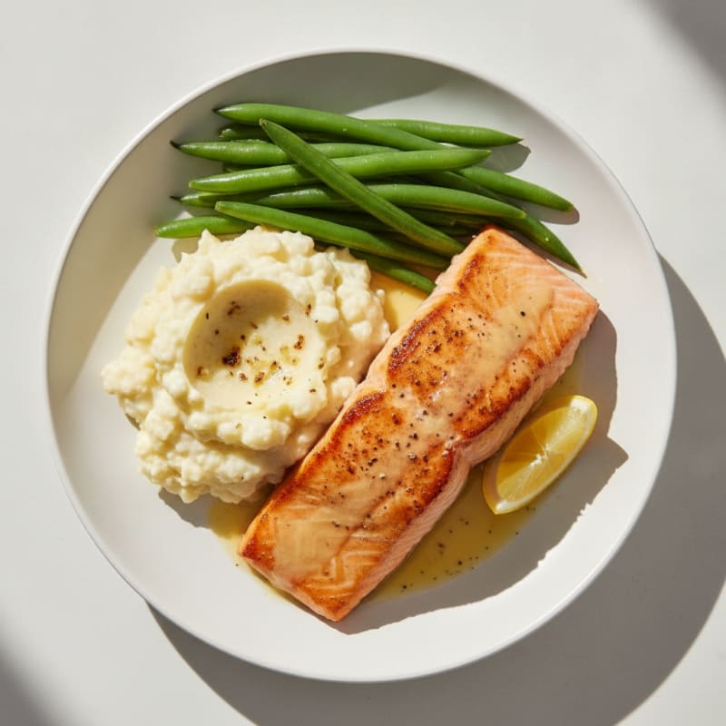 Seared Salmon with Steamed Green Beans and Garlic Mashed Cauliflower