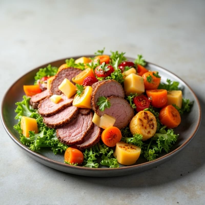 Tender Roast Beef and Sharp Cheddar Salad with Crispy Roasted Vegetables