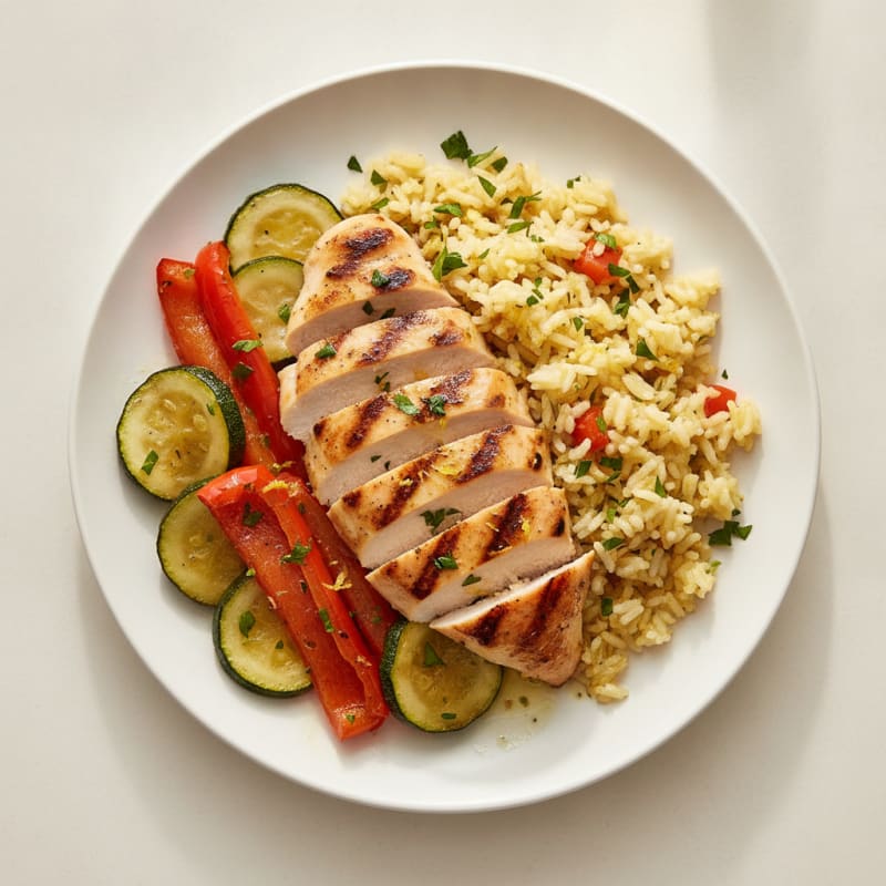 Lemon Herb Rice Pilaf with Roasted Vegetables and Grilled Chicken