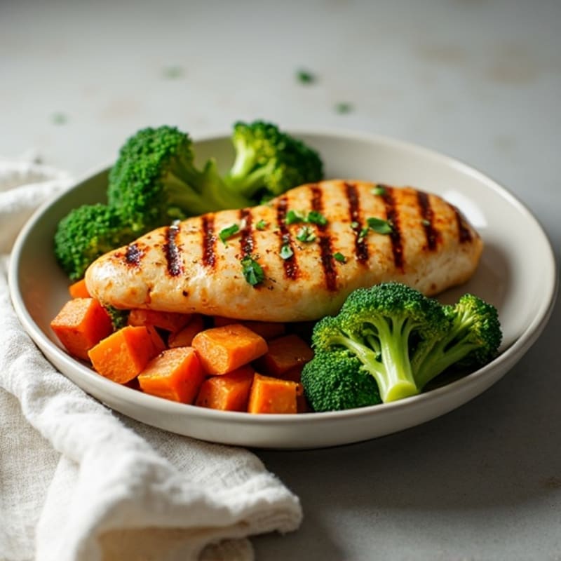 Grilled Chicken Breast with Roasted Sweet Potatoes and Steamed Broccoli