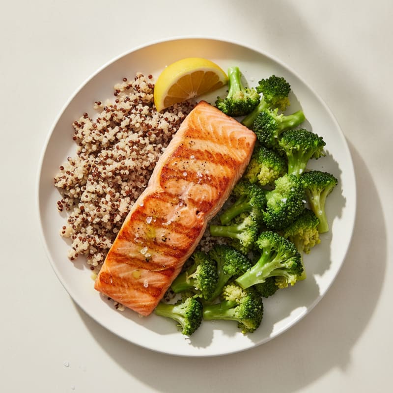 Seared Salmon with Steamed Broccoli and Quinoa