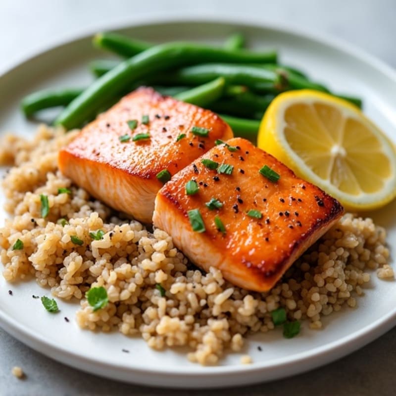 Seared Salmon Fillet with Steamed Brown Rice and Green Beans