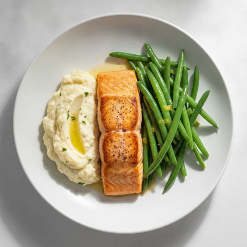 Seared Salmon with Steamed Green Beans and Mashed Cauliflower