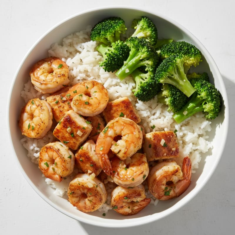 Garlic Shrimp and Chicken Rice Bowl with Steamed Broccoli