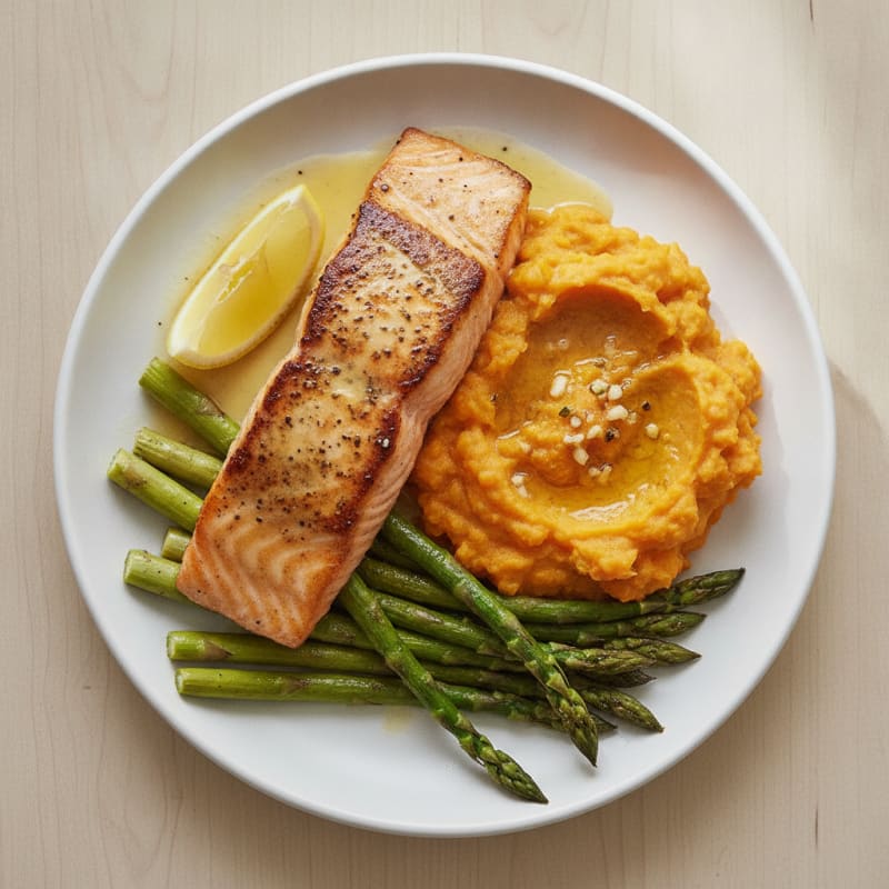 Seared Salmon with Roasted Asparagus and Sweet Potato Mash