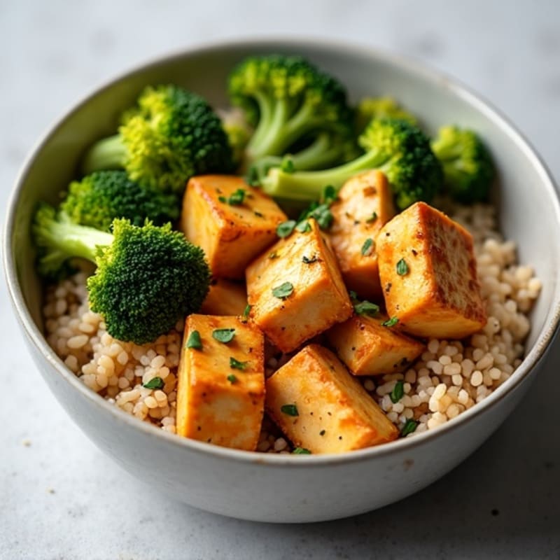 Crispy Peanut Ginger Tofu with Roasted Broccoli and Brown Rice
