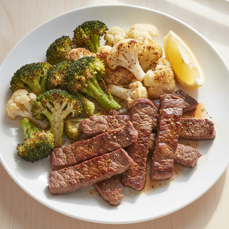 Seared Lean Beef Strips with Roasted Broccoli and Cauliflower