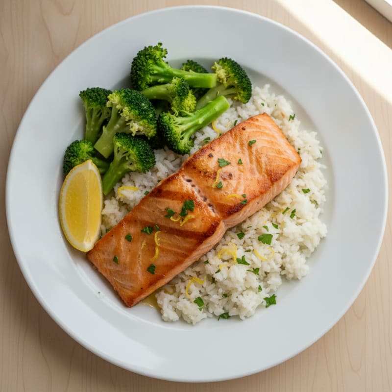 Seared Salmon Fillet with Steamed Broccoli and Lemon Rice