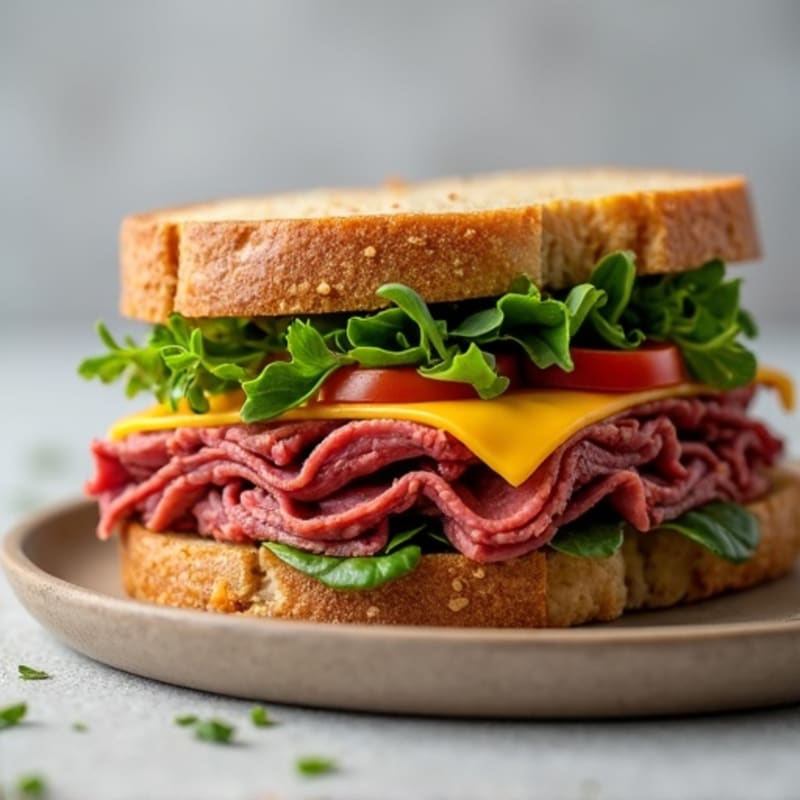 Hearty Lean Roast Beef and Sharp Cheddar Whole Grain Sandwich with Crispy Greens