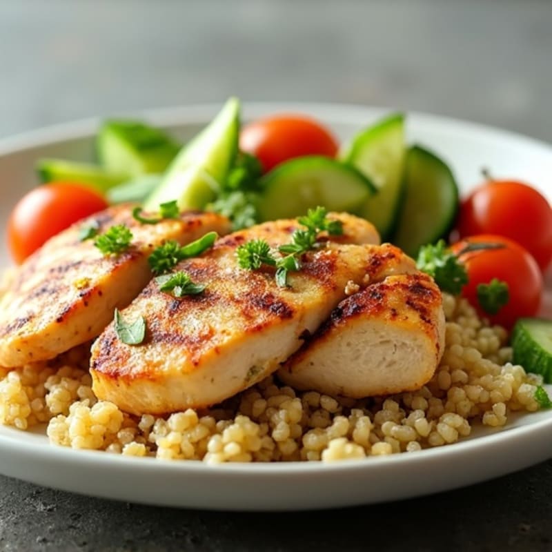 Grilled Chicken Breast with Quinoa and Crunchy Cucumber Tomato Salad