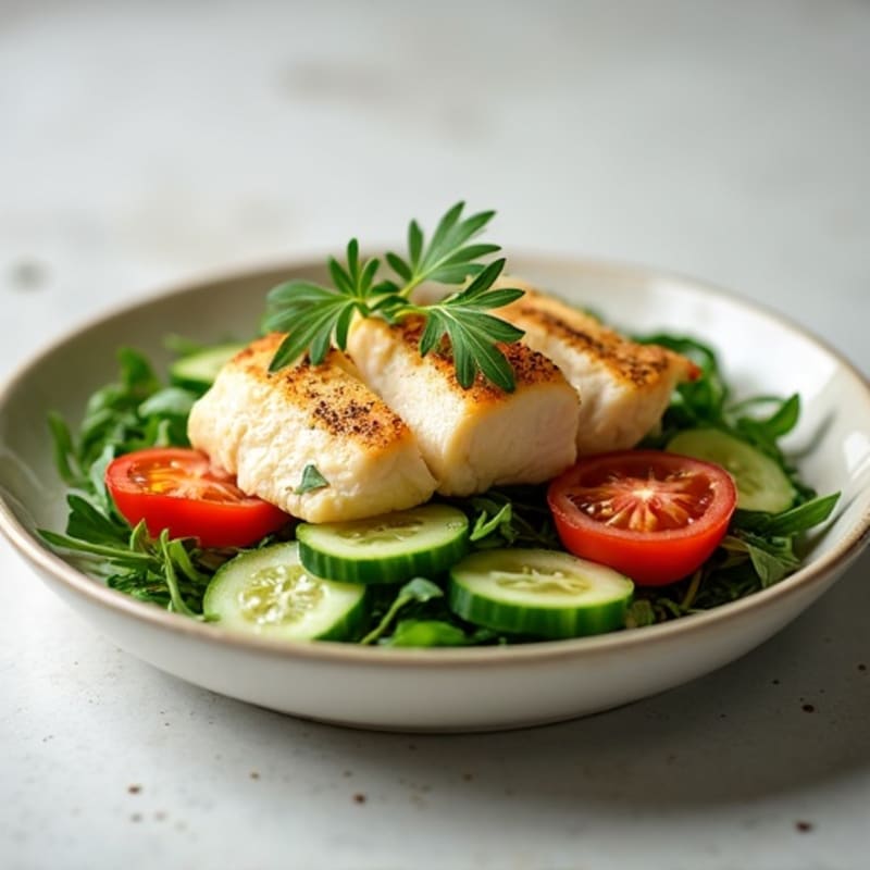 Poached Chicken Breast over Arugula with Cucumber and Tomato