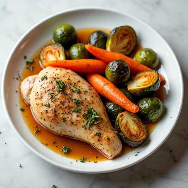 Herb-Roasted Chicken with Maple Glazed Carrots and Crispy Brussels Sprouts