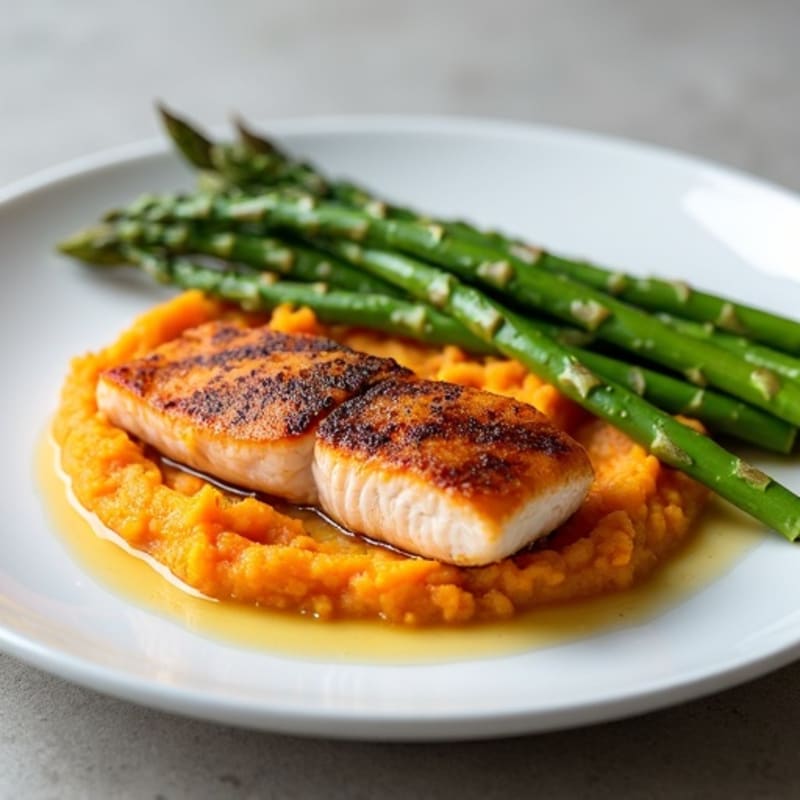 Seared Salmon with Steamed Asparagus and Sweet Potato Mash