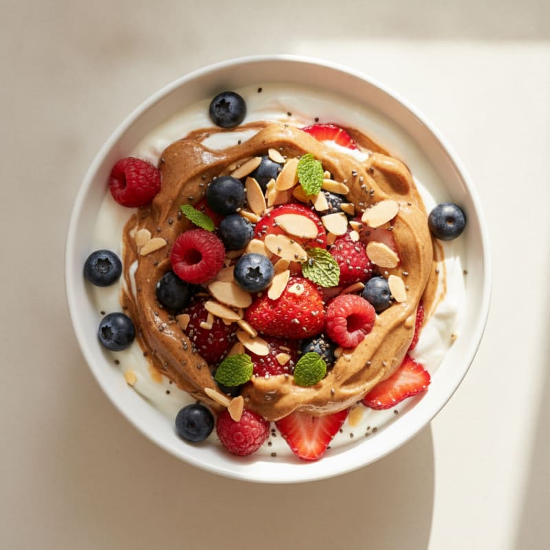 High-Protein Greek Yogurt Parfait with Almond Butter and Berries