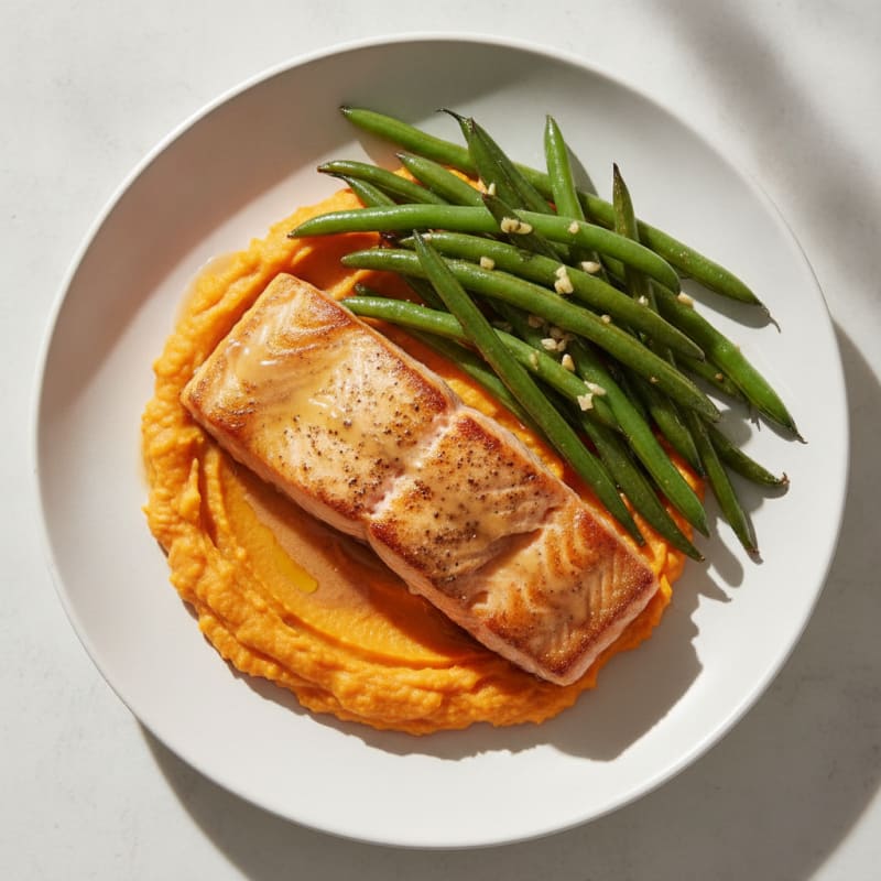 Seared Salmon with Garlic Green Beans and Sweet Potato Mash