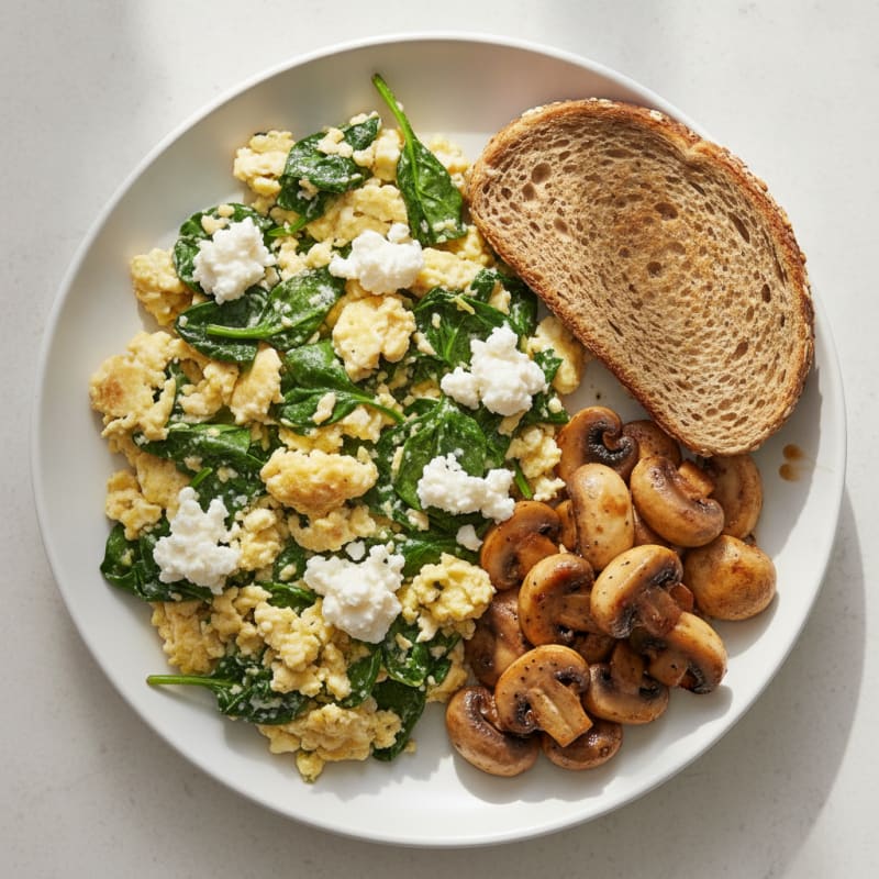 Egg White Spinach Scramble with Cottage Cheese and Sautéed Mushrooms