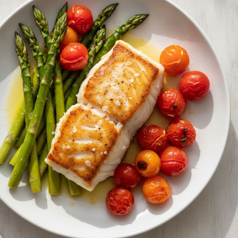 Seared Cod with Roasted Asparagus and Cherry Tomatoes