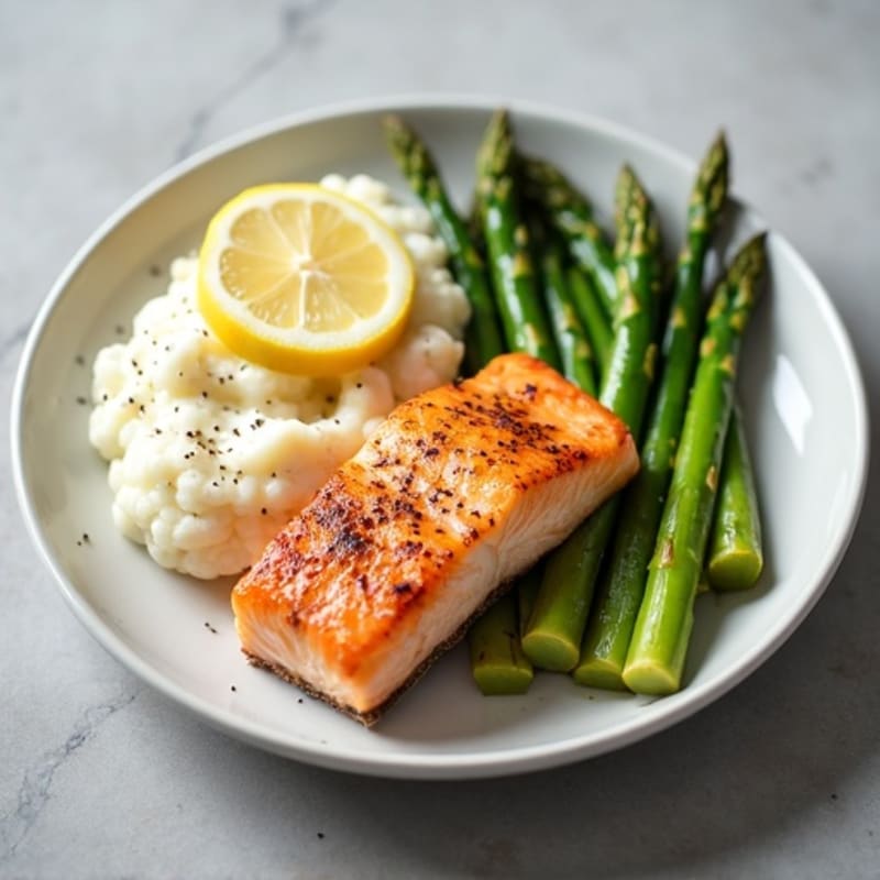 Seared Salmon Fillet with Steamed Asparagus and Cauliflower Mash