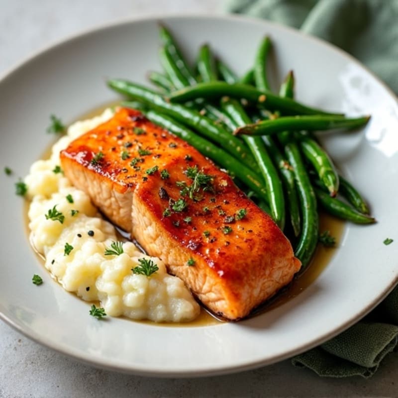 Brown Sugar-Glazed Salmon with Creamy Cauliflower Mash and Crispy Roasted Green Beans