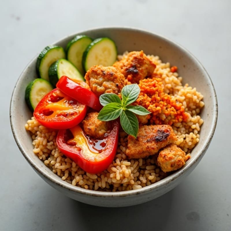 Spicy Kimchi Chicken and Hearty Veggie Brown Rice Bowl