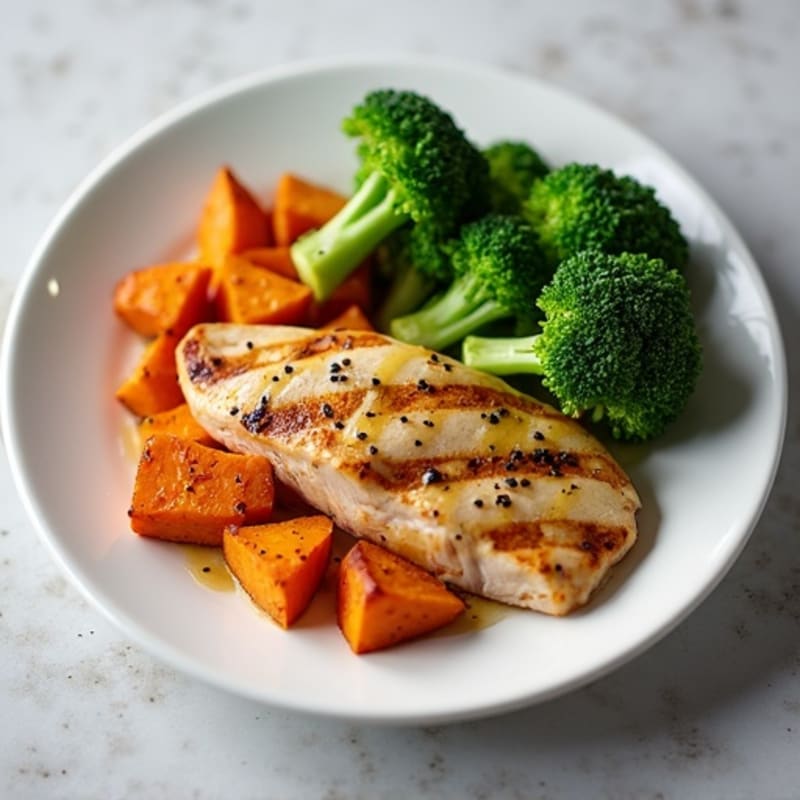 Grilled Chicken Breast with Roasted Sweet Potato and Steamed Broccoli