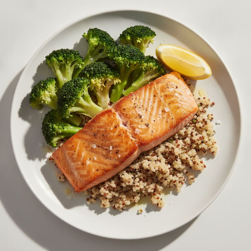 Seared Salmon with Steamed Broccoli and Quinoa