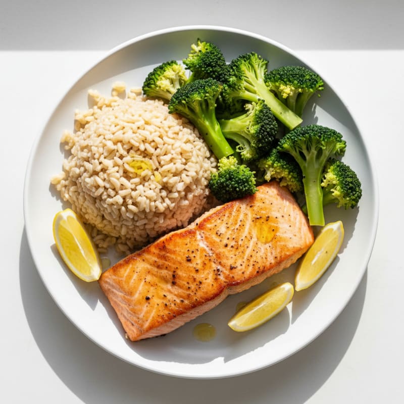 Seared Salmon with Steamed Broccoli and Brown Rice