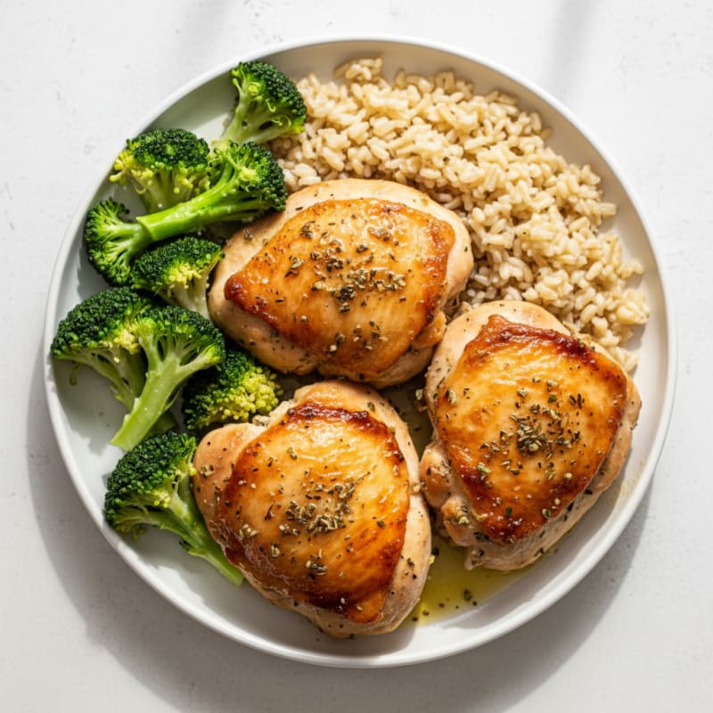 Oven-Baked Herb Chicken Thighs with Steamed Broccoli and Brown Rice