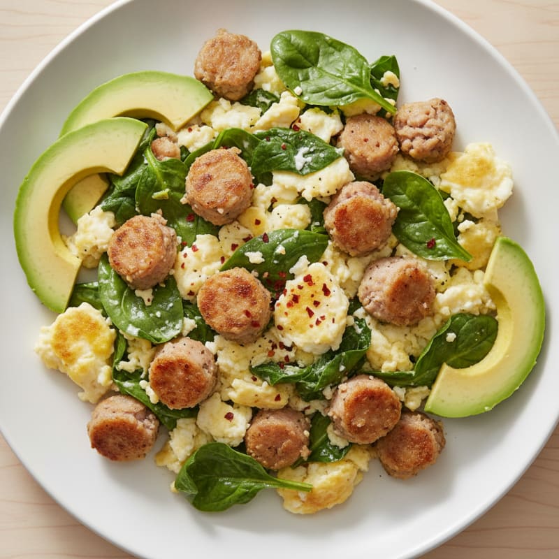 Crispy Turkey Sausage and Egg White Scramble with Spinach