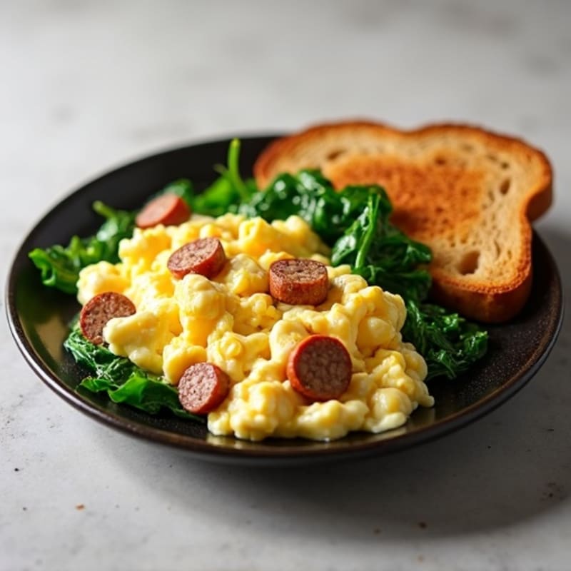 Egg White Scramble with Turkey Sausage and Sautéed Spinach