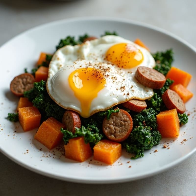 Crispy Sweet Potato and Kale Hash with Poached Eggs