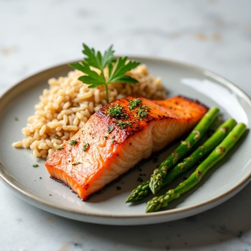 Seared Salmon Fillet with Steamed Asparagus and Brown Rice