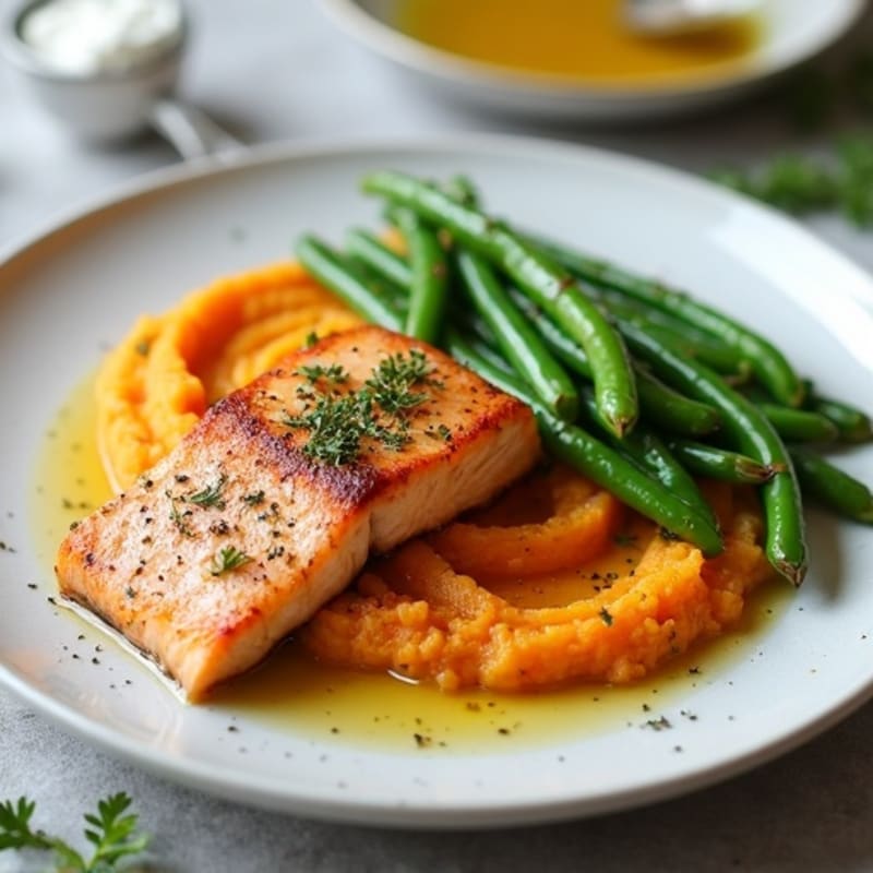 Seared Salmon with Garlic Green Beans and Sweet Potato Mash