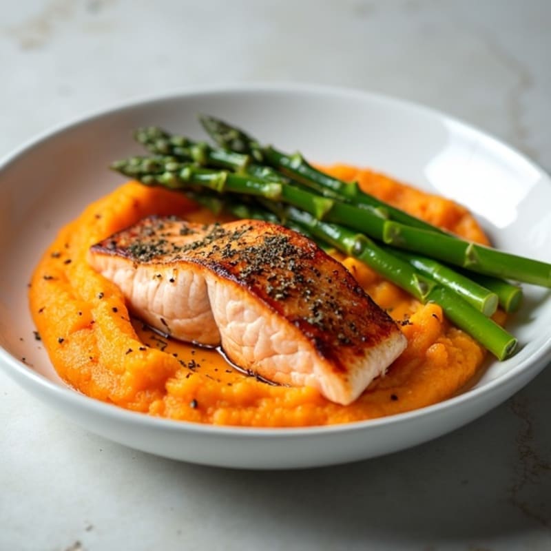 Seared Salmon Fillet with Roasted Asparagus and Sweet Potato Mash