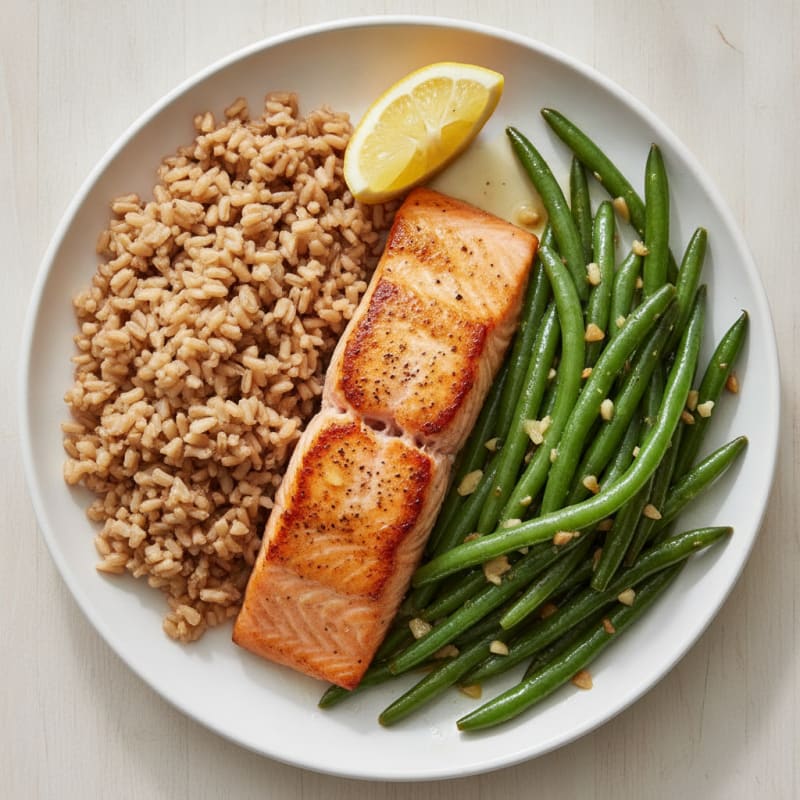 Seared Salmon with Garlic Green Beans and Brown Rice