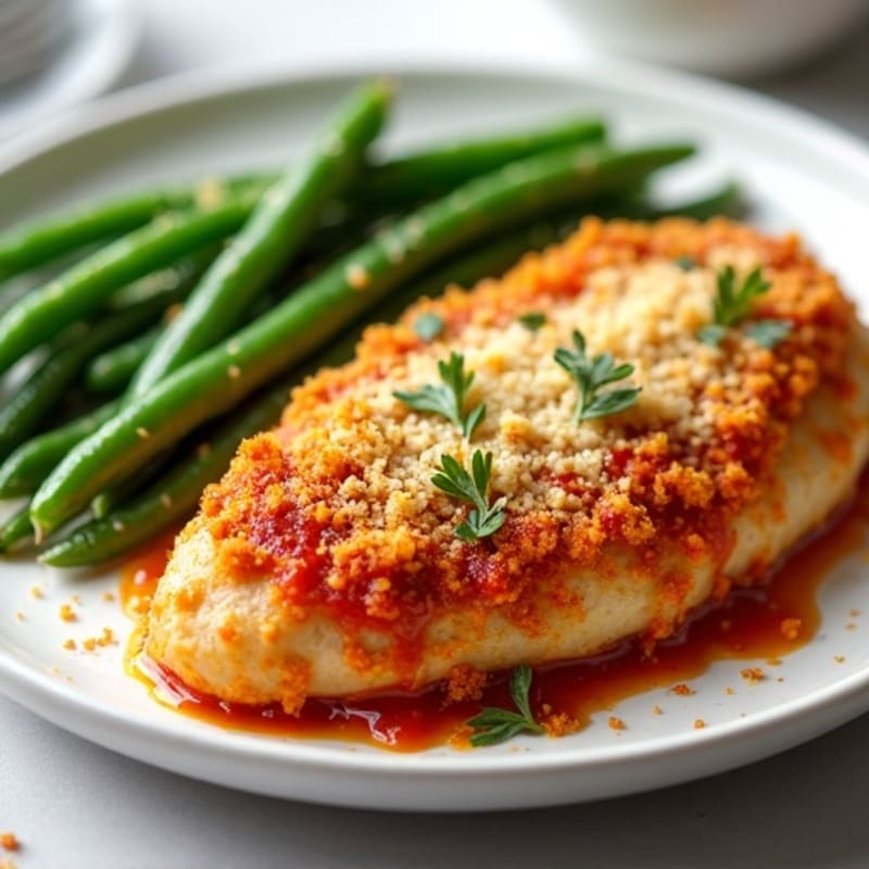 Healthy Crispy Baked Chicken Parmesan with Roasted Green Beans