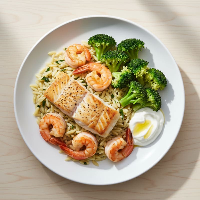 Seared White Fish with Herbed Orzo Rice and Steamed Vegetables