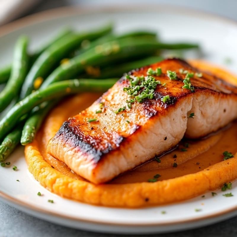 Seared Salmon with Garlic Green Beans and Sweet Potato Mash