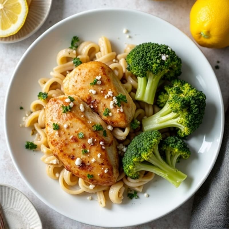 Lemon Garlic Chicken and Roasted Broccoli Whole Wheat Pasta